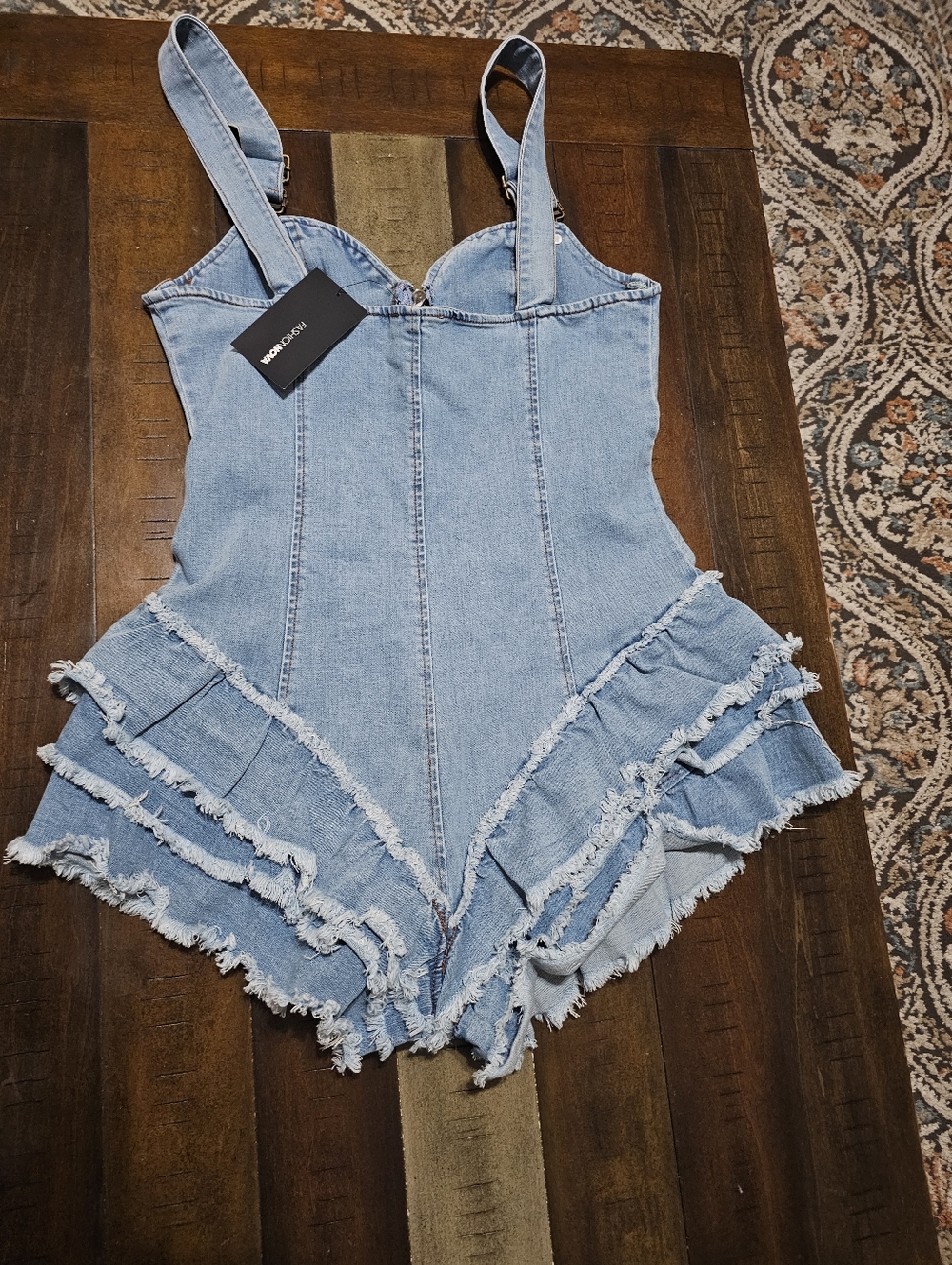 Fashion Nova Overall Romper Womens Light  Blue Size XL Denim Ruffle Jeans - Picture 3 of 12